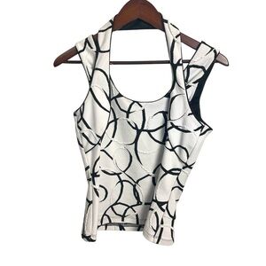 Joseph Ribkoff polyester/spandex top w interesting straps, shelf bra, stretch